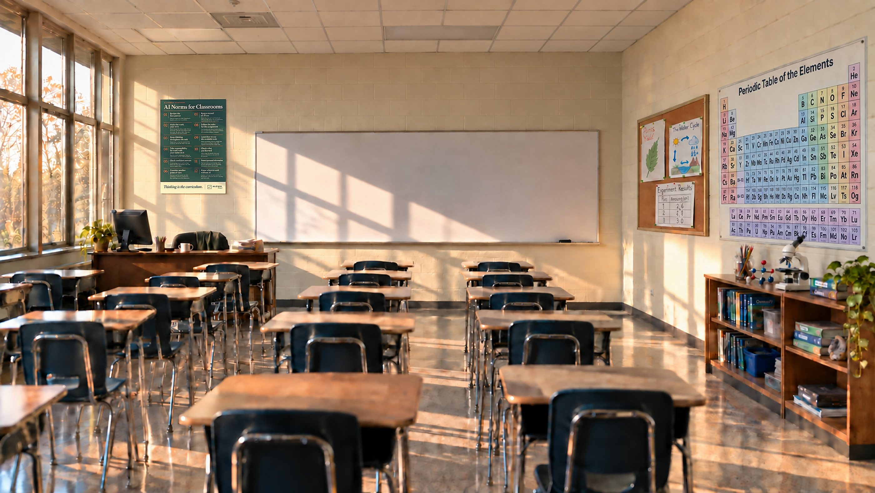 An empty classroom in early morning light, desks in rows, with the AI Norms for Classrooms poster on the wall beside the windows.